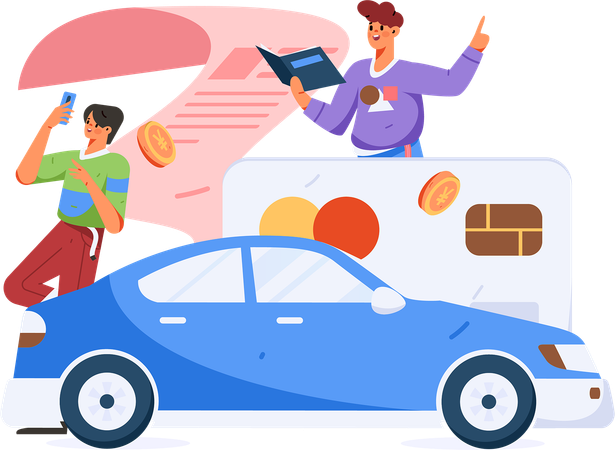 Guys paying car insurance policy using card  Illustration