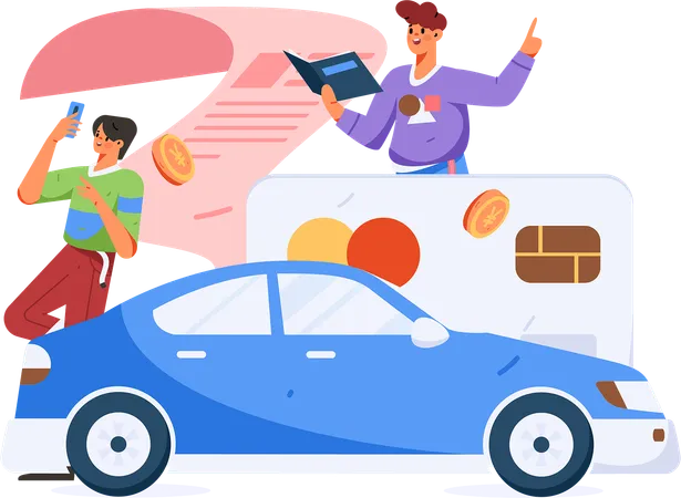 Guys paying car insurance policy using card  Illustration