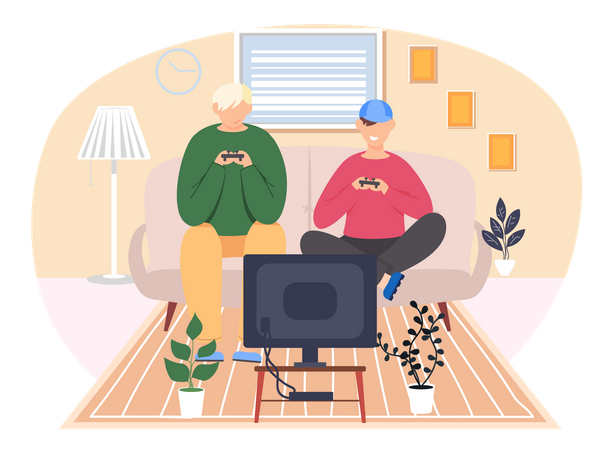 Guys play video games at home Illustration