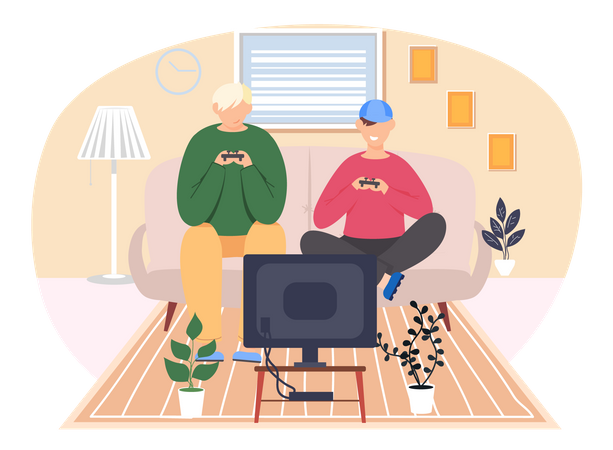 Guys play video games at home  Illustration