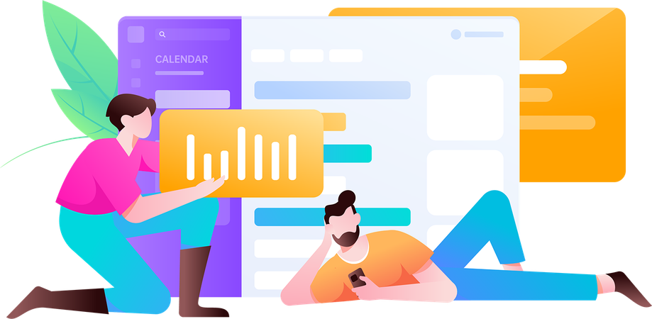 Guys working on business analysis with business schedule  Illustration