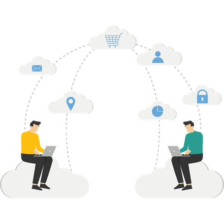 Guys working on cloud computing network  Illustration