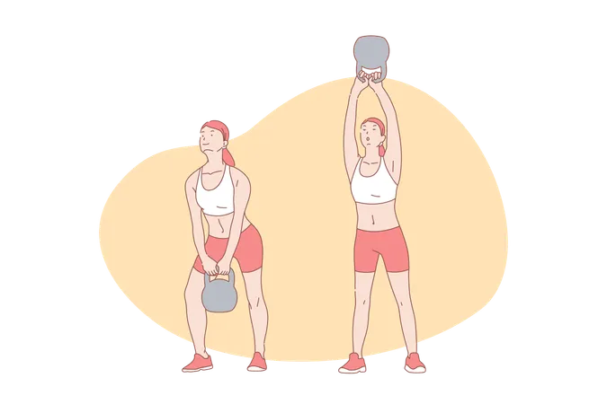 Sport Exercises Workout Functional Training Active Lifestyle Concept Young Woman Lifting Weight Gym Exercise With Equipment Athletic Training Good Shape And Health Simple Flat Vector Illustration