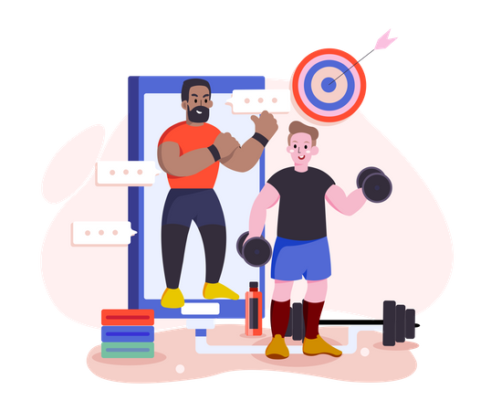 Gym instructor providing guidance via video call  イラスト