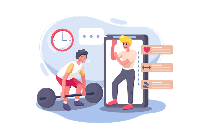 Gym trainer giving instruction to his client through video call Illustration