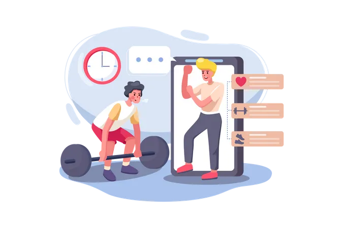 Gym trainer giving instruction to his client through video call  Illustration