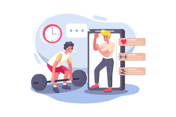 Gym trainer giving instruction to his client through video call  Illustration