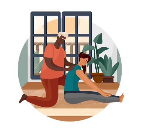 Gym trainer helping woman with exercise Illustration
