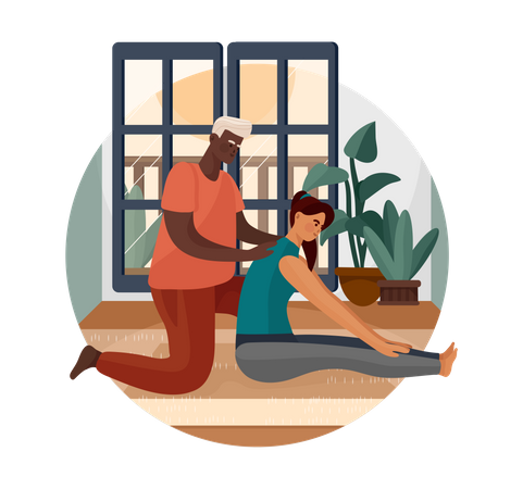 Gym trainer helping woman with exercise  Illustration