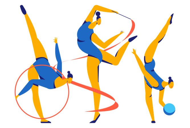 Gymnaste féminine exécutant des éléments de gymnastique rythmique avec ballon et ruban  Illustration