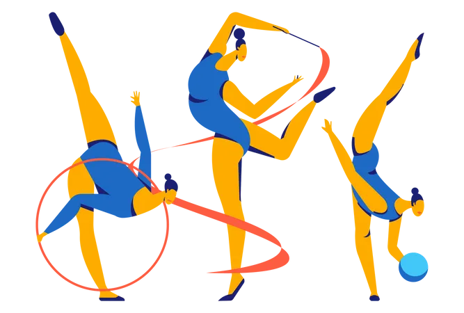 Gymnaste féminine exécutant des éléments de gymnastique rythmique avec ballon et ruban  Illustration