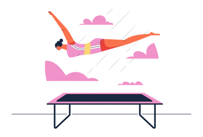 Fille de gymnaste avec un vol dans les airs pose après avoir utilisé une planche à ressorts  Illustration