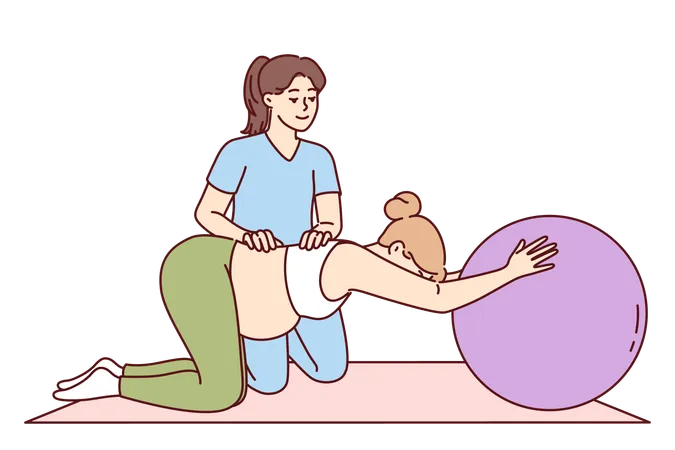 Gymnastics For Pregnant Women And Physical Exercise Under Supervision Of Physiotherapist To Help Prepare For Childbirth Pregnant Girl Doing Pilates With Big Rubber Ball To Keep Health In Good Shape Illustration