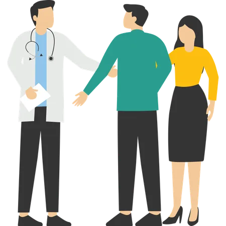 Male And Female Doctor Talking With Patients Healthcare Services Ask A Doctor Therapist In Uniform With A Stethoscope Gynecologist And Urologist Medical Team Concept Medical Clinic Staff Illustration