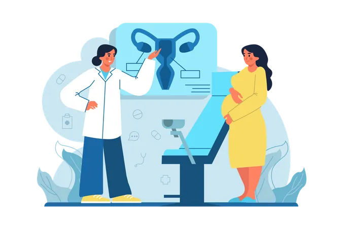 Gynecology Medicine Blue Concept With People Scene In The Flat Cartoon Style Pregnant Woman Came To The Hospital For A Consultation Vector Illustration Illustration