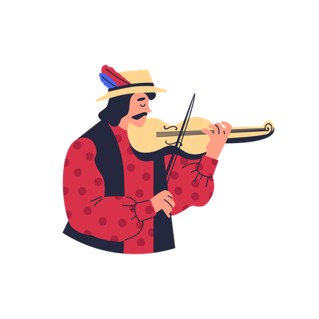 Gypsy man in bright clothes and hat playing violin  Illustration