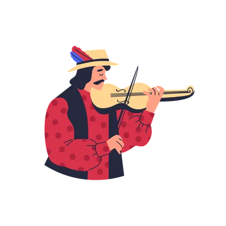 Gypsy man in bright clothes and hat playing violin  Illustration