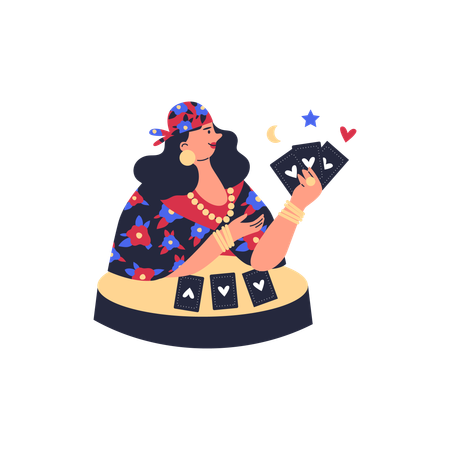 Gypsy woman fortune teller reading future with tarot card  Illustration