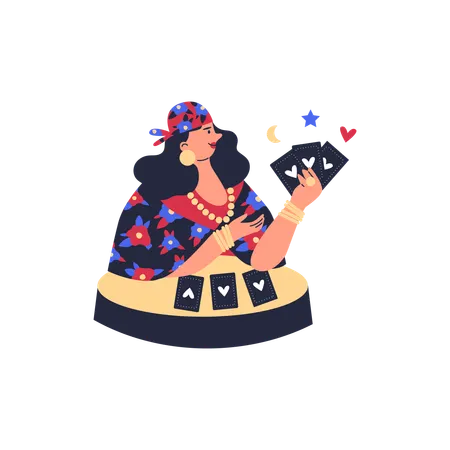 Gypsy woman fortune teller reading future with tarot card  Illustration
