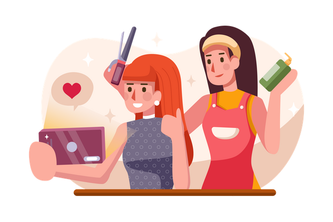 Weibliche Haarkünstlerin frisiert die Haare einer Kundin  Illustration