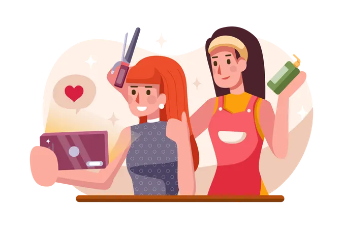 Weibliche Haarkünstlerin frisiert die Haare einer Kundin  Illustration