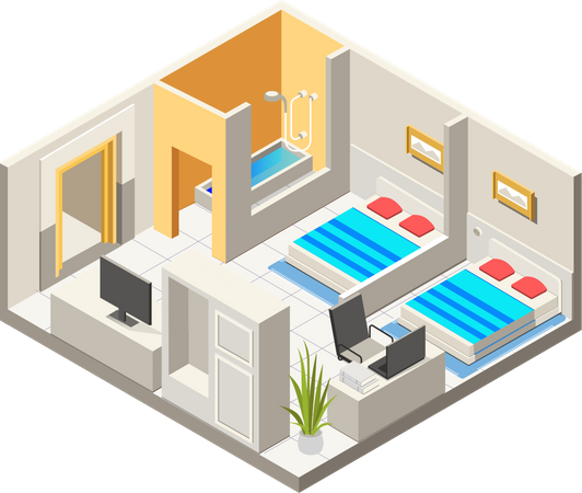 Habitación de hotel con lugar de trabajo  Ilustración