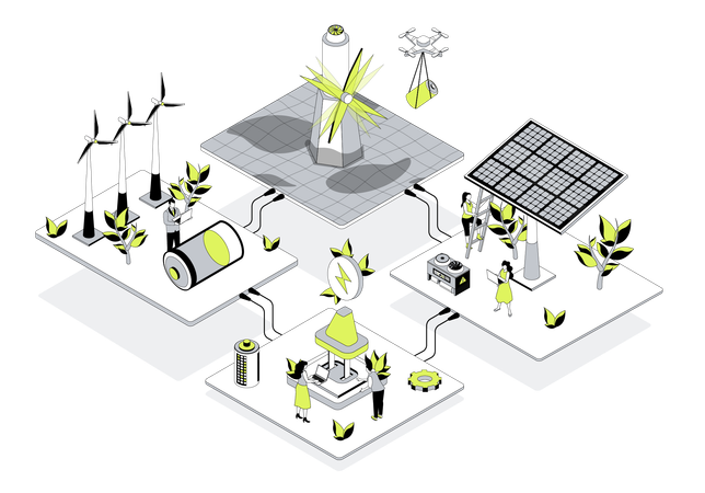 Salas de generación de fuentes alternativas con energía segura.  Ilustración