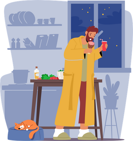 Habitude malsaine où l’homme consomme excessivement de la nourriture pendant la nuit  Illustration