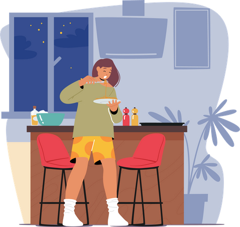 Habitude préjudiciable où la personne consomme des quantités excessives de nourriture pendant la nuit  Illustration