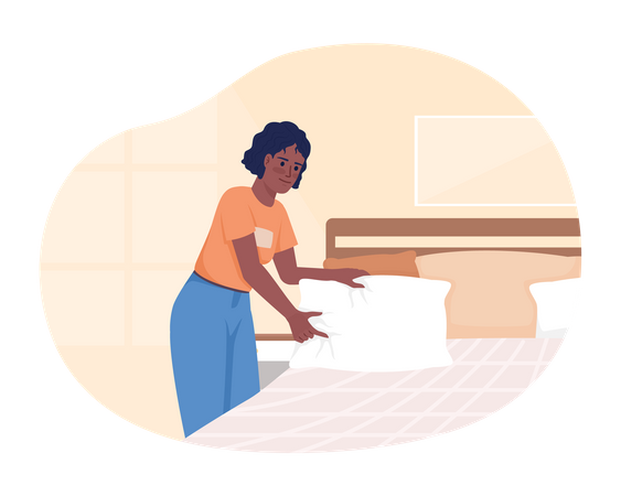 Hacer la cama después de despertarse por la mañana  Ilustración