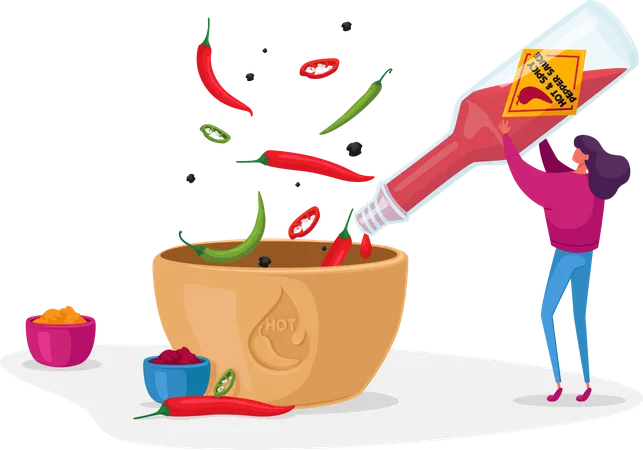 Mujer Vertiendo Ketchup O Salsa De Chile De Una Botella De Vidrio A Un Tazon Para Cocinar Comida Picante Personaje Femenino Con Ingrediente Sazonador Para Cocinero De Comida Caliente Cocina Mexicana Ilustracion Vectorial De Dibujos Animados Ilustración