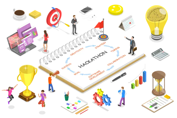 Isometric Flat Vector Concept Of Parts Of Hackathon Which Are Creativity Strategy Timing Collaboration Software Development Goal Success Illustration