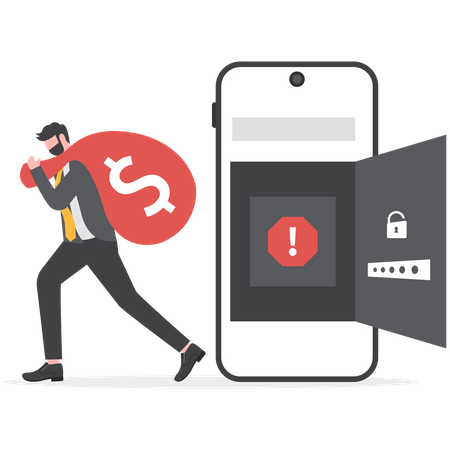 Hacker carrying bag with cash from unlock phone  Illustration