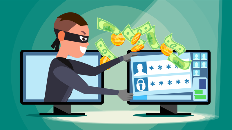 Hacker che utilizza il personal computer per rubare informazioni sulla carta di credito, dati personali e denaro  Illustration