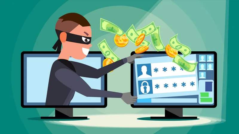 Hacker che utilizza il personal computer per rubare informazioni sulla carta di credito, dati personali e denaro  Illustration