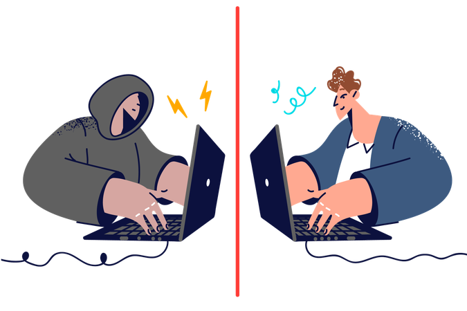 Hacker communicating with employee using laptop  イラスト
