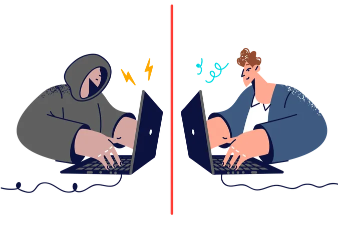 Hacker communicating with employee using laptop  Illustration