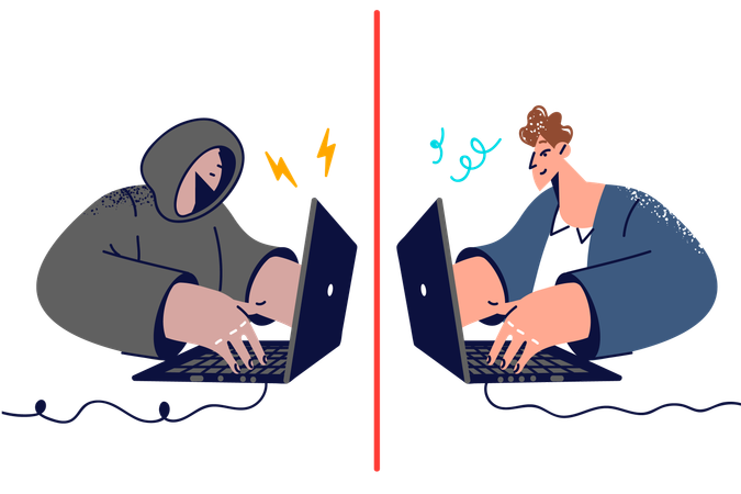 Hacker comunicándose con un empleado usando una computadora portátil  Ilustración