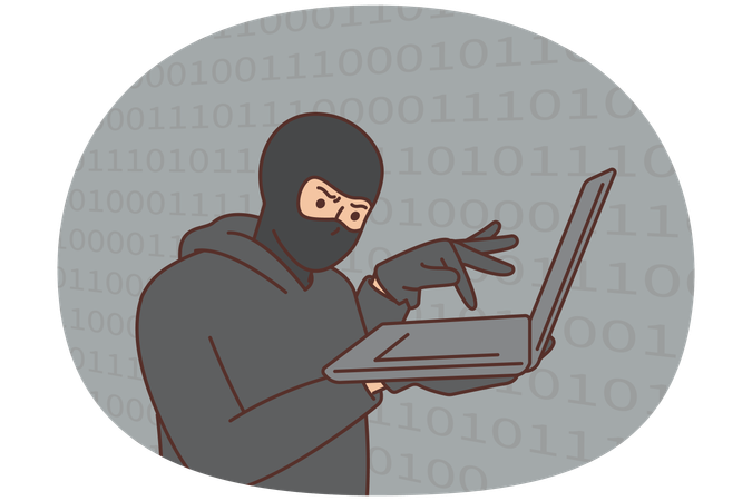 Hacker cybercriminal with laptop stealing users personal data  Illustration