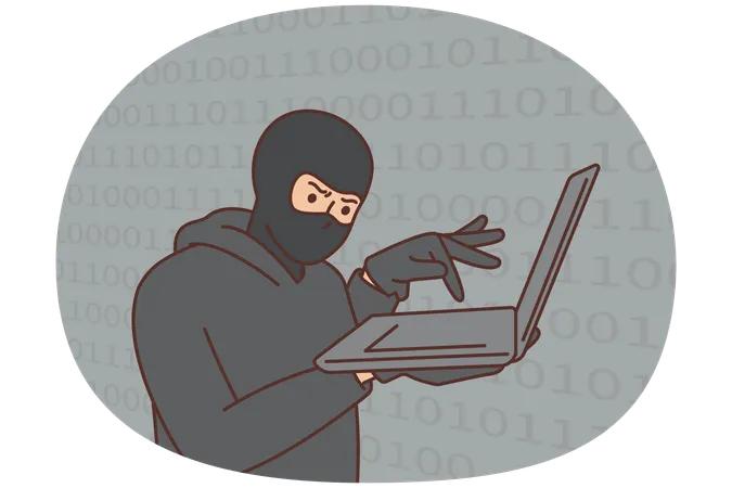 Hacker cybercriminal with laptop stealing users personal data  Illustration