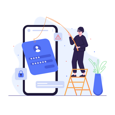 Hacker fazendo phishing de conta usando vara de pescar  Ilustração