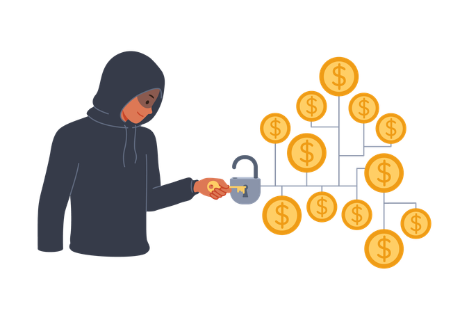 Un hacker piratea una bóveda de criptomonedas con dinero para robar fondos de una billetera blockchain con monedas de oro  Ilustración