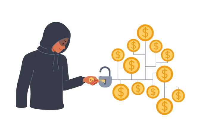 Un hacker piratea una bóveda de criptomonedas con dinero para robar fondos de una billetera blockchain con monedas de oro  Ilustración