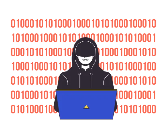 Hacker In Hood Coding Flat Line Concept Vector Spot Illustration Man With Laptop 2 D Cartoon Outline Character On White For Web UI Design Cybercrime Editable Isolated Color Hero Image Illustration