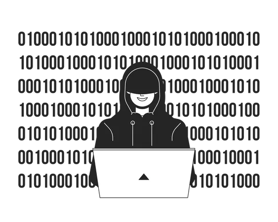 Hacker In Hood Coding Bw Concept Vector Spot Illustration Man With Laptop 2 D Cartoon Flat Line Monochromatic Character For Web UI Design Cybercrime Editable Isolated Outline Hero Image Illustration