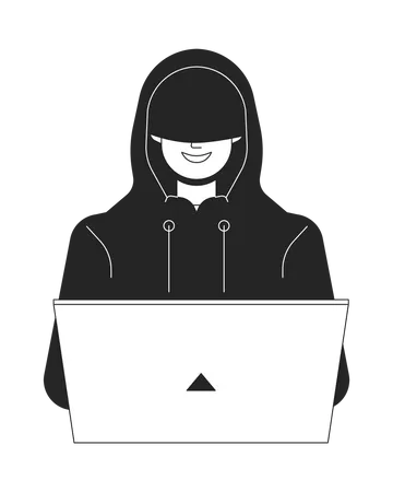 Hacker In Hood Smiling Flat Line Black White Vector Character Coding On Laptop Cyberspace Editable Outline Full Body Person Simple Cartoon Isolated Spot Illustration For Web Graphic Design Illustration