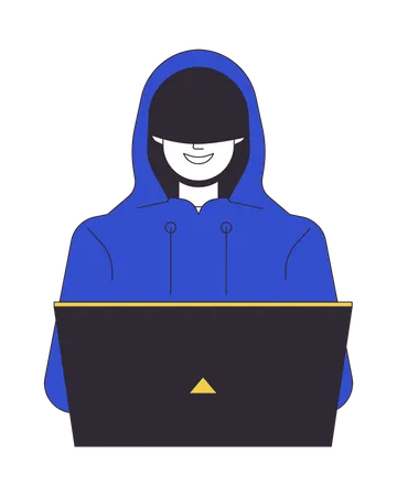 Hacker In Hood Smiling Flat Line Color Vector Character Coding On Laptop Cyberspace Editable Outline Full Body Person On White Simple Cartoon Spot Illustration For Web Graphic Design Illustration