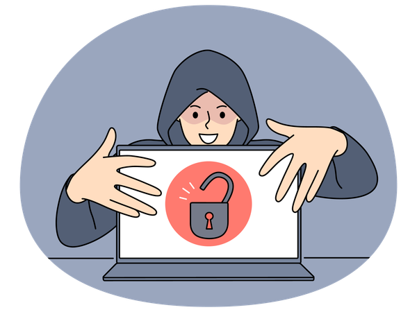 Hacker in hood steal information from computer  Illustration