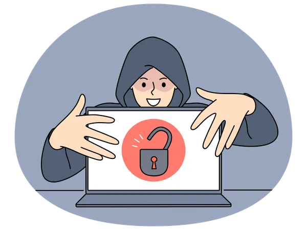 Hacker in hood steal information from computer  Illustration