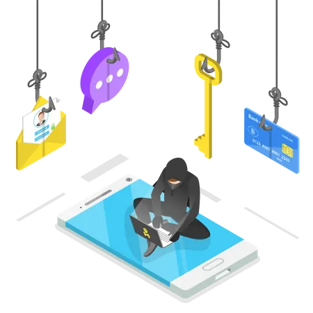 Isometric Flat Vector Concept Of Phishing Computer Virus Hacking Cyber Attack Illustration